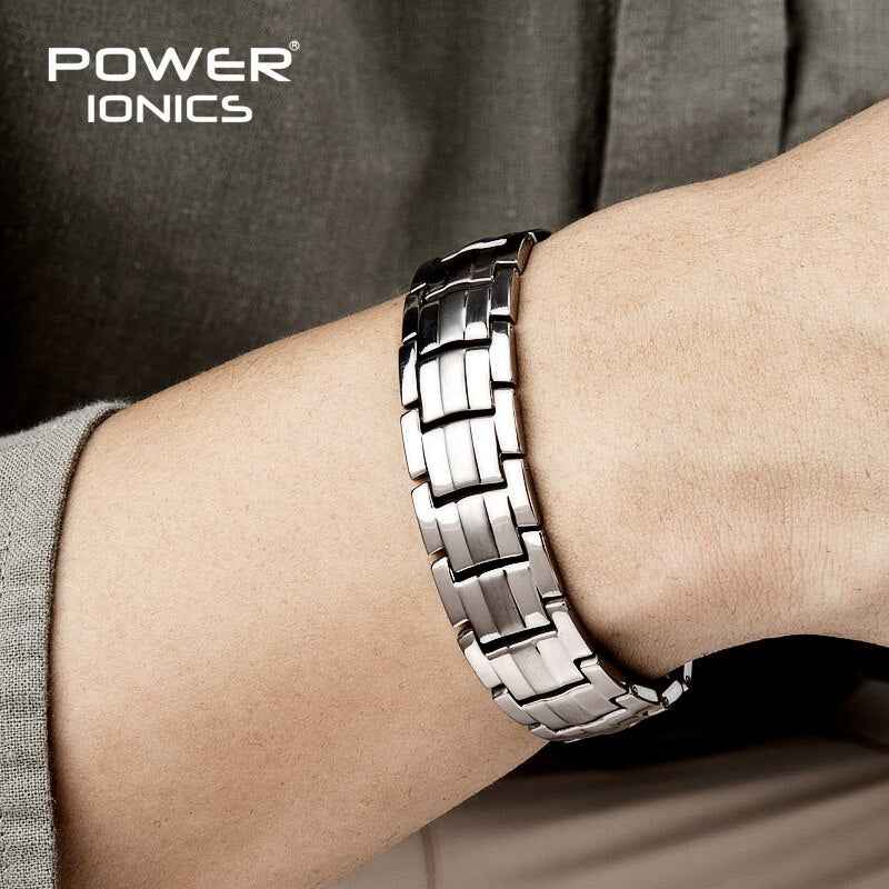 Power Ionics 4in1 Titanium Magnetic Bracelet for Men - 100% Titanium, Big Anion FIR, Germanium Balls, Blood Pressure Accessory, Jewelry Gift