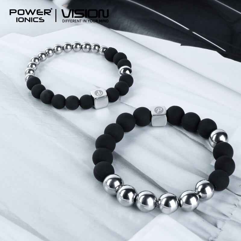 Power Ionics Bangle Bracelet - Unisex Fashion Black Silver Beads Elastic Bracelet