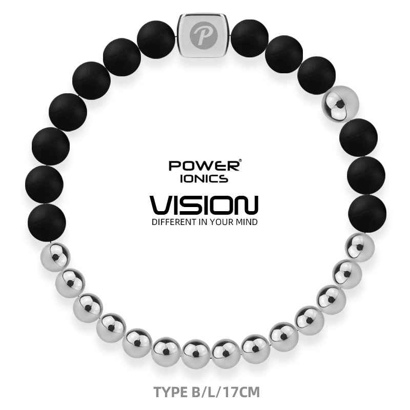 Power Ionics Bangle Bracelet - Unisex Fashion Black Silver Beads Elastic Bracelet