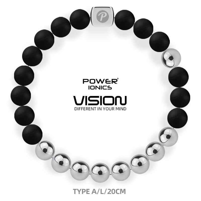 Power Ionics Bangle Bracelet - Unisex Fashion Black Silver Beads Elastic Bracelet