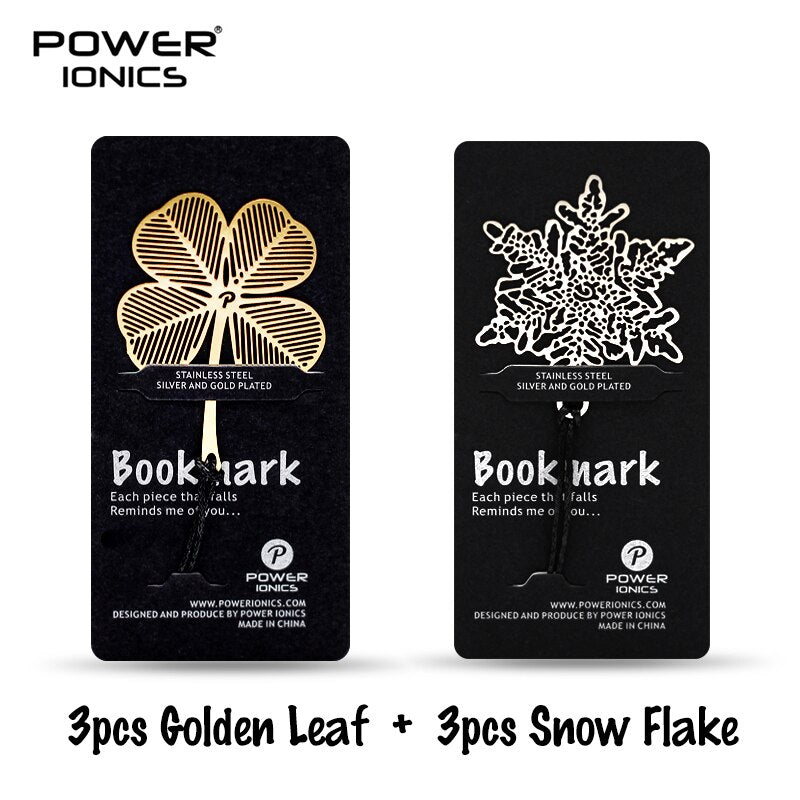 POWE IONICS 6PCS Gold Silver Plated 316 Stainless Steel Bookmark Snow Flake Clover Leaf Pendant Book Clip Friends Student Gifts