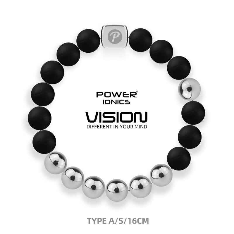 Power Ionics Bangle Bracelet - Unisex Fashion Black Silver Beads Elastic Bracelet