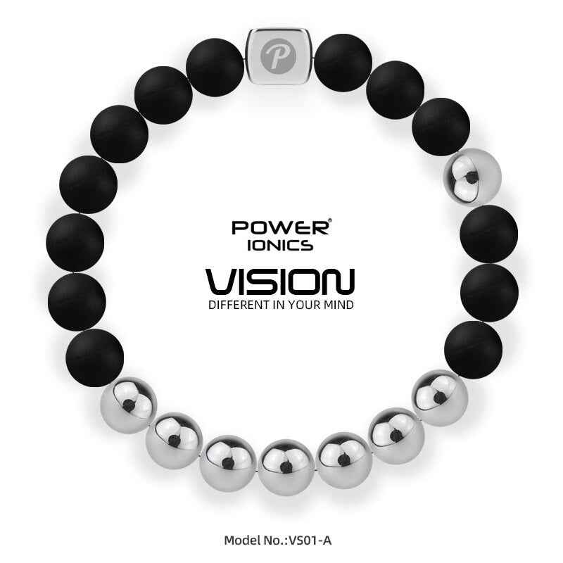 Power Ionics Bangle Bracelet - Unisex Fashion Black Silver Beads Elastic Bracelet