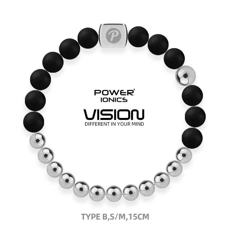 Power Ionics Bangle Bracelet - Unisex Fashion Black Silver Beads Elastic Bracelet