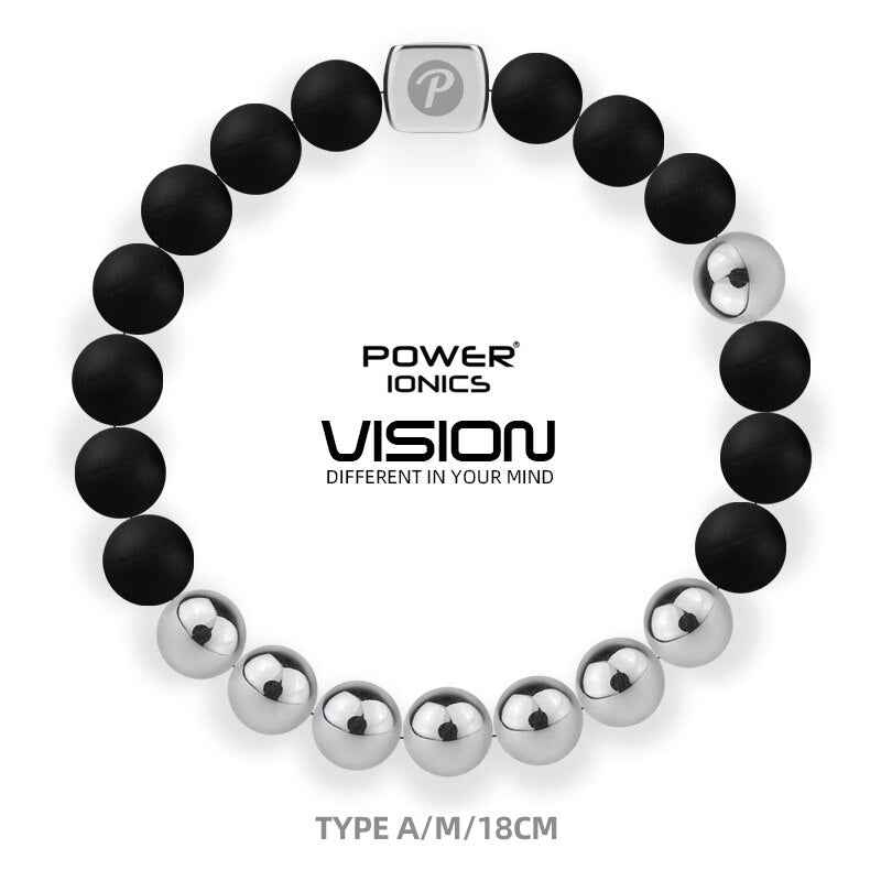 Power Ionics Bangle Bracelet - Unisex Fashion Black Silver Beads Elastic Bracelet