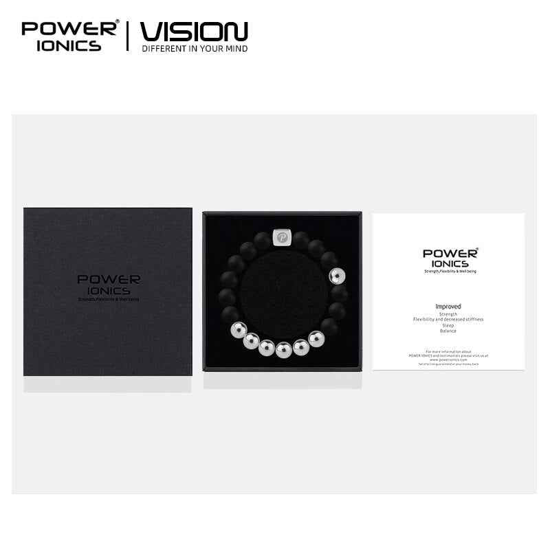 Power Ionics Bangle Bracelet - Unisex Fashion Black Silver Beads Elastic Bracelet