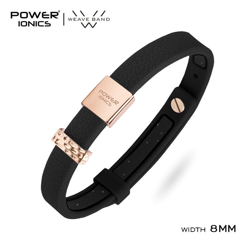 POWER IONICS New 18K RoseGold Waterproof Anions Leather Grain Bracelet Free Engrave