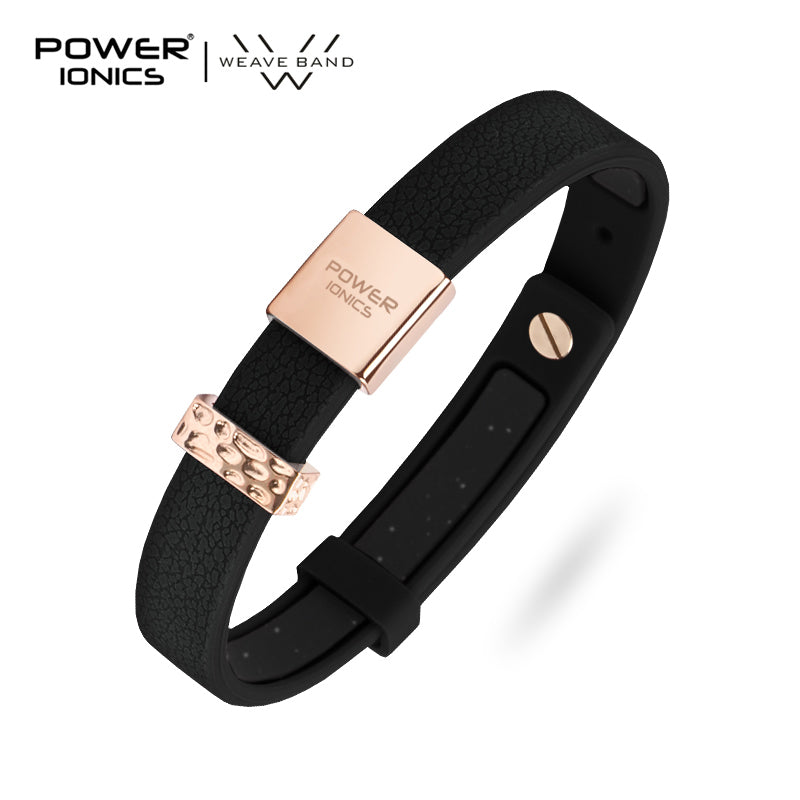 POWER IONICS New 18K RoseGold Waterproof Anions Leather Grain Bracelet Free Engrave