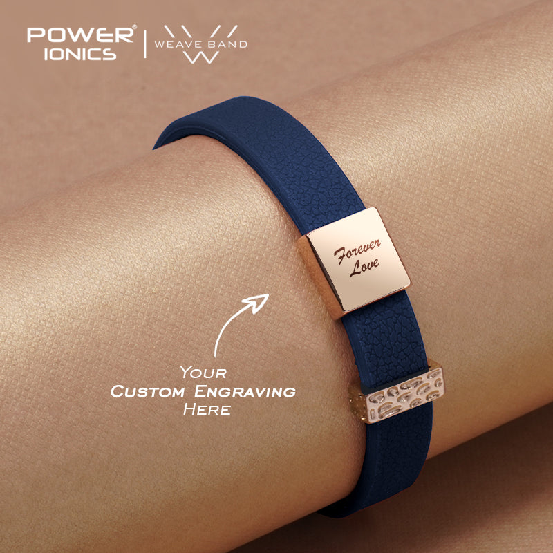 POWER IONICS New 18K RoseGold Waterproof Anions Leather Grain Bracelet Free Engrave