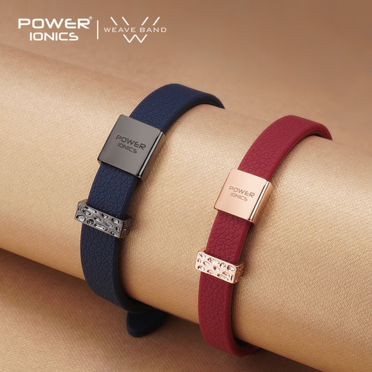 POWER IONICS New 18K RoseGold Waterproof Anions Leather Grain Bracelet Free Engrave - Powerionics