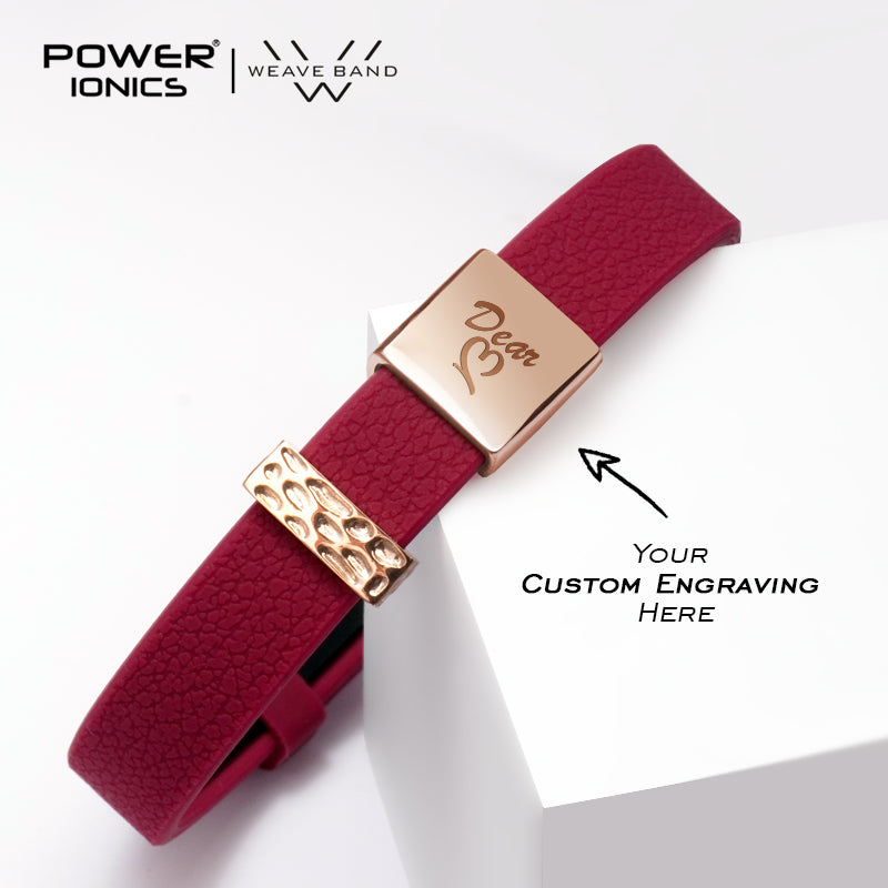 POWER IONICS New 18K RoseGold Waterproof Anions Leather Grain Bracelet Free Engrave