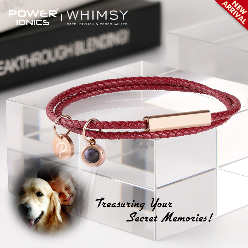 POWER IONICS WHIMSY Men Women Genuine Leather Wrap Charm Bracelet With Custom Projection Photo Pendant Couple Family Friends Memorial Gifts