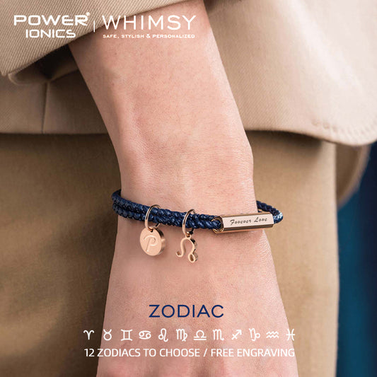 POWER IONICS WHIMSY 12 Zodiacs Series Men Women Genuine Leather Wrap Bracelet Birthday Day Gifts Free Custom Engraving