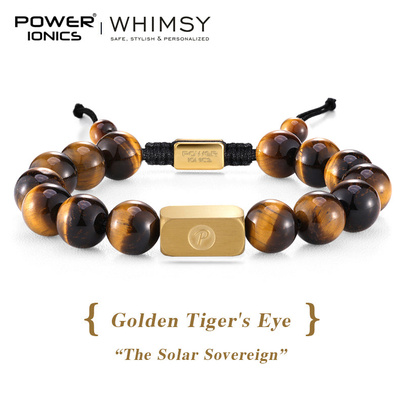 POWER IONICS 10mm Natural Tiger's Eye Beads Adjustable Bracelet - 18K Gold Plated Unisex Jewelry Custom Engrave Gift - Powerionics