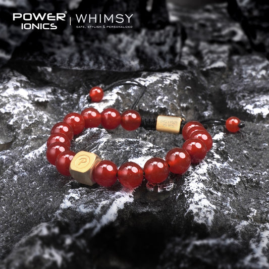 POWER IONICS 8mm Natural Agate Beads Adjustable Bracelet - 18K Gold Plated Unisex Jewelry Custom Engrave Gift - Powerionics