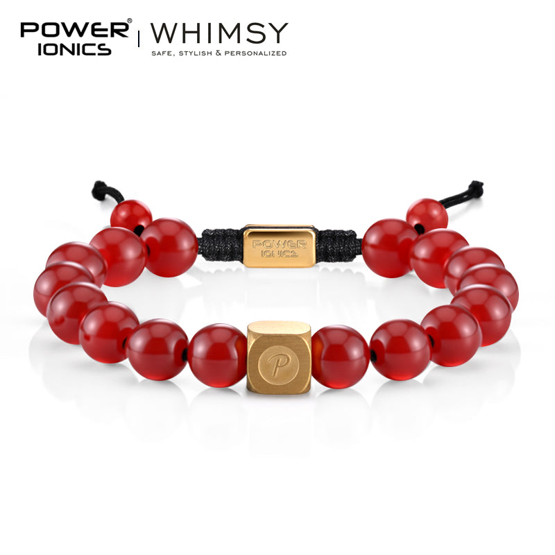 POWER IONICS 8mm Natural Agate Beads Adjustable Bracelet - 18K Gold Plated Unisex Jewelry Custom Engrave Gift - Powerionics