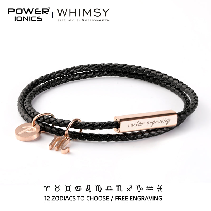 POWER IONICS WHIMSY 12 Zodiacs Series Men Women Genuine Leather Wrap Bracelet Birthday Day Gifts Free Custom Engraving