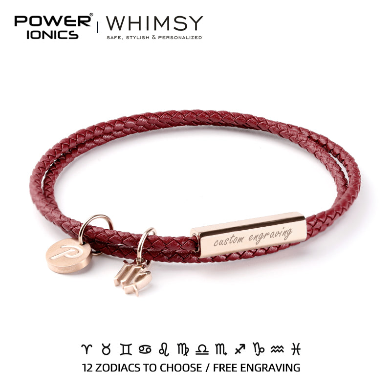 POWER IONICS WHIMSY 12 Zodiacs Series Men Women Genuine Leather Wrap Bracelet Birthday Day Gifts Free Custom Engraving