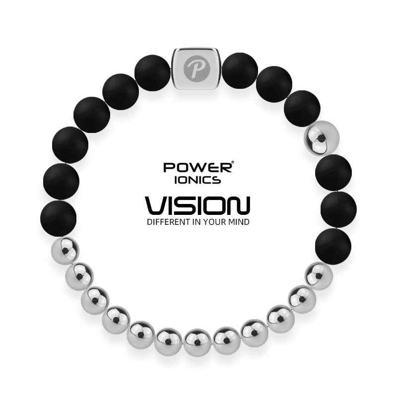 Power Ionics Bangle Bracelet - Unisex Fashion Black Silver Beads Elastic Bracelet