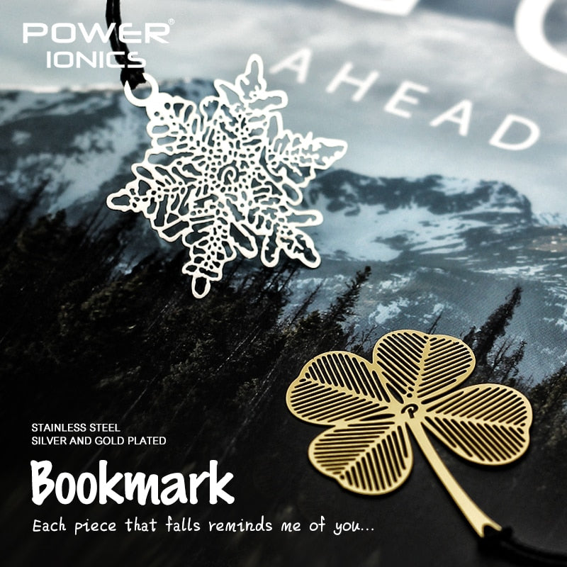 POWE IONICS 6PCS Gold Silver Plated 316 Stainless Steel Bookmark Snow Flake Clover Leaf Pendant Book Clip Friends Student Gifts