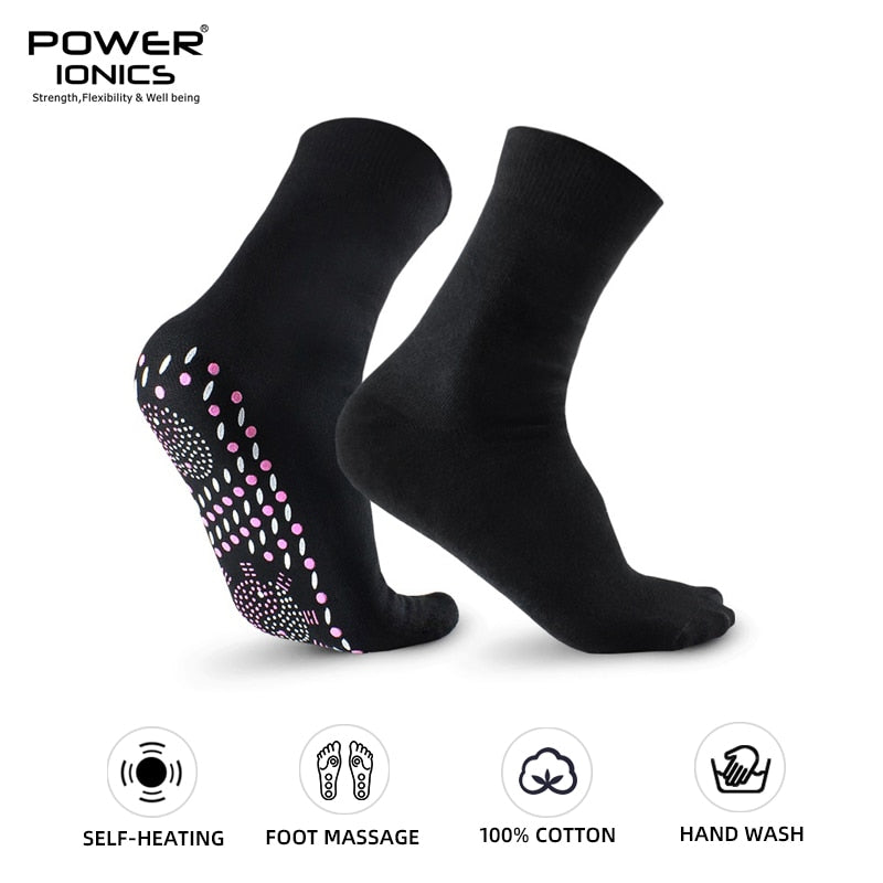 Power Ionics 1pair Tourmaline Far Infrared Rays Self-heat 100% Cotton Socks Foot Massage Improve Body Blood Circulation