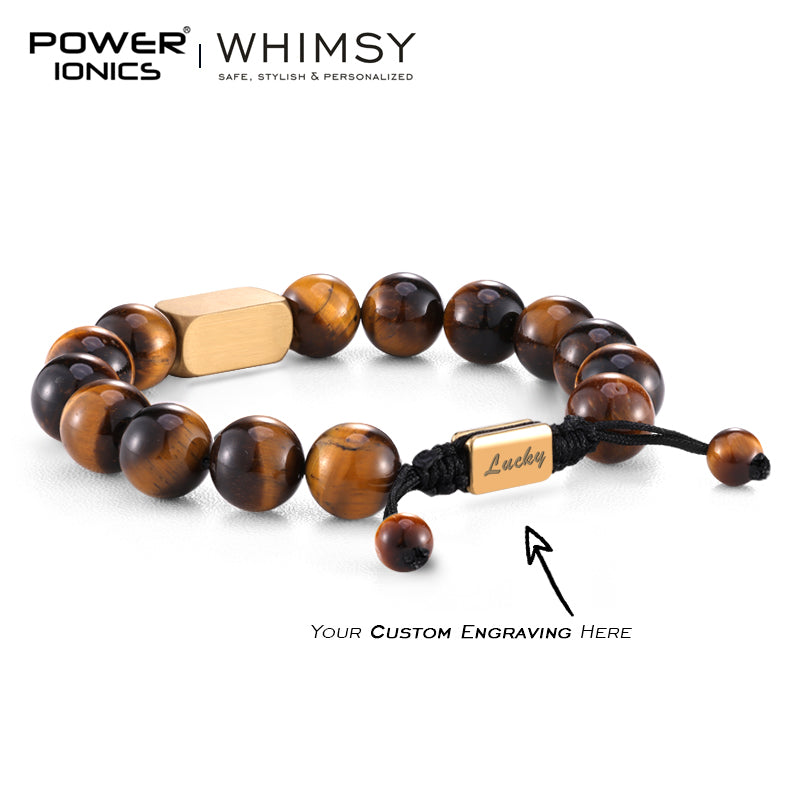 POWER IONICS 10mm Natural Tiger's Eye Beads Adjustable Bracelet - 18K Gold Plated Unisex Jewelry Custom Engrave Gift