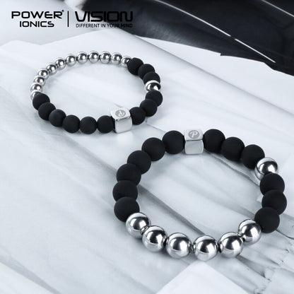 Power Ionics Unisex Fashion Black Silver Beads Elastic Bangle Bracelet