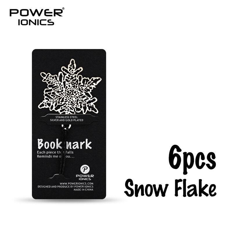 POWE IONICS 6PCS Gold Silver Plated 316 Stainless Steel Bookmark Snow Flake Clover Leaf Pendant Book Clip Friends Student Gifts