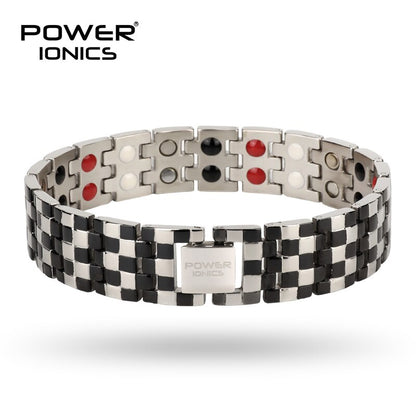 Power Ionics 4in1 Stainless Steel Mens Big Anion FIR Magnetic Germanium Balls Blood Pressure Accessory Charm Bracelet Gifts