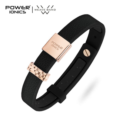 POWER IONICS New 18K RoseGold Waterproof Anions Leather Grain Bracelet Free Engrave