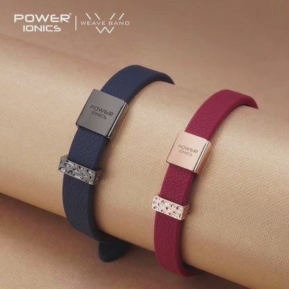 POWER IONICS New 18K RoseGold Waterproof Anions Leather Grain Bracelet Free Engrave