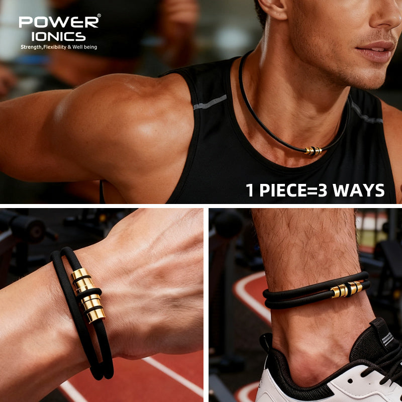 POWER IONICS Dark Warrior Black Gold Necklace 3-in-1 Wearable Design- High Anions Silicone Unisex Design