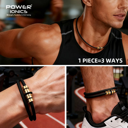 POWER IONICS Dark Warrior Black Gold Necklace 3-in-1 Wearable Design- High Anions Silicone Unisex Design