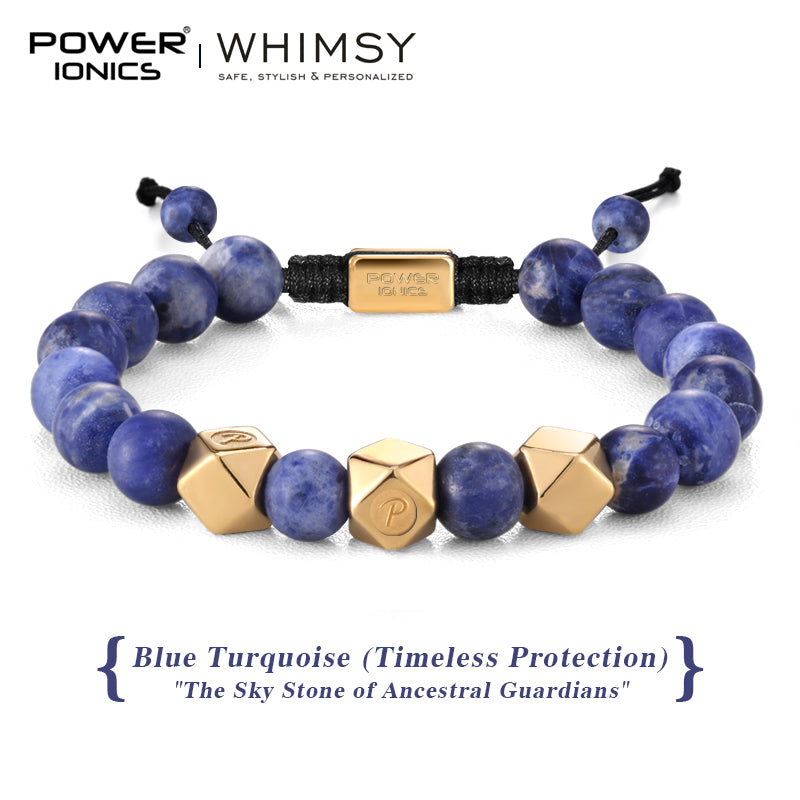 POWER IONICS 8mm Natural Turquoise Beads Adjustable Bracelet - 18K Gold Plated Unisex Jewelry Custom Engrave Gift