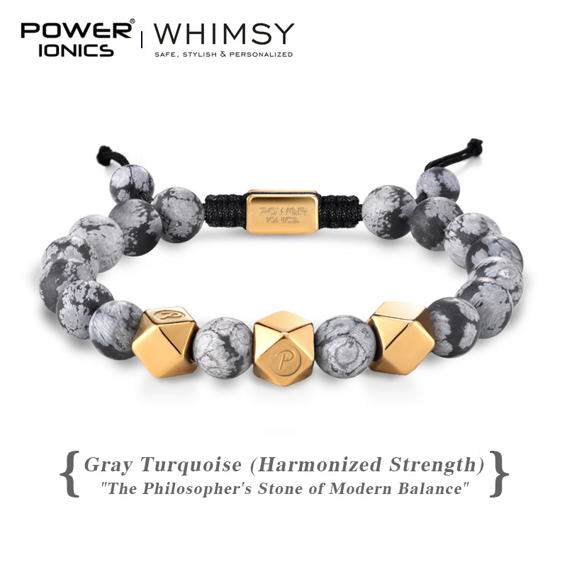POWER IONICS 8mm Natural Turquoise Beads Adjustable Bracelet - 18K Gold Plated Unisex Jewelry Custom Engrave Gift