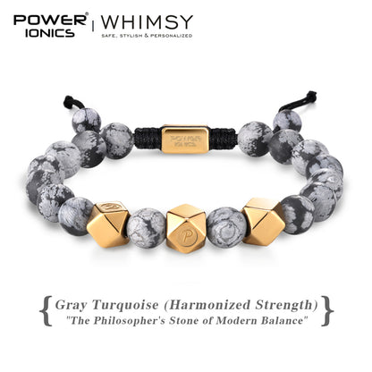 POWER IONICS 8mm Natural Turquoise Beads Adjustable Bracelet - 18K Gold Plated Unisex Jewelry Custom Engrave Gift