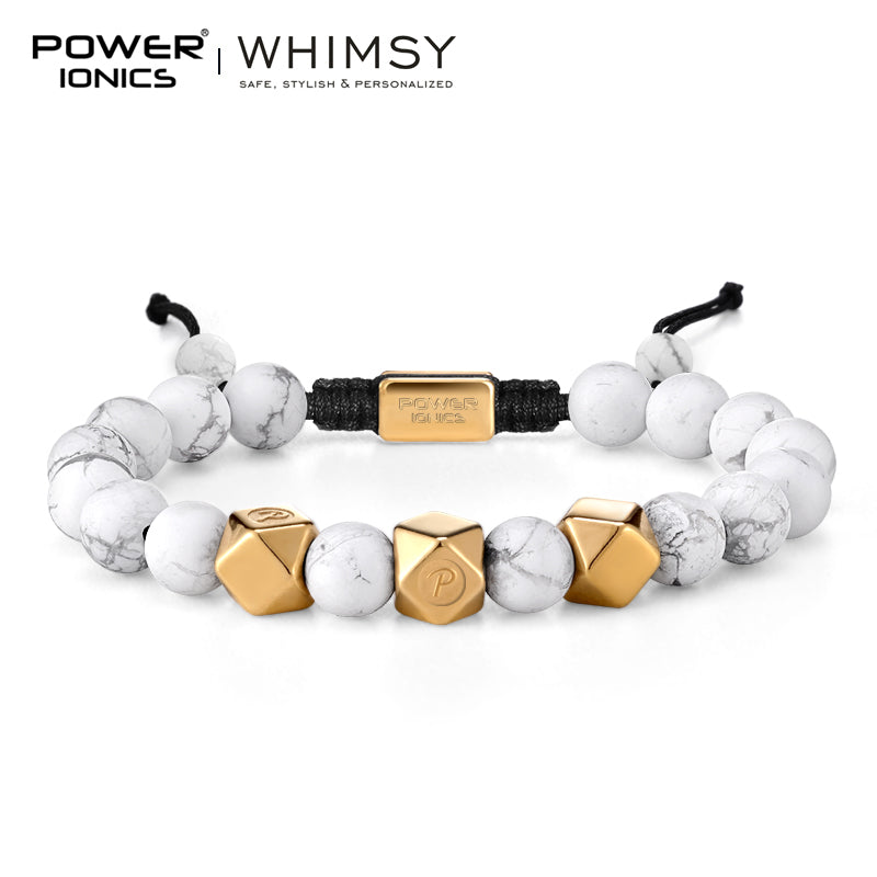 POWER IONICS 8mm Natural Turquoise Beads Adjustable Bracelet - 18K Gold Plated Unisex Jewelry Custom Engrave Gift