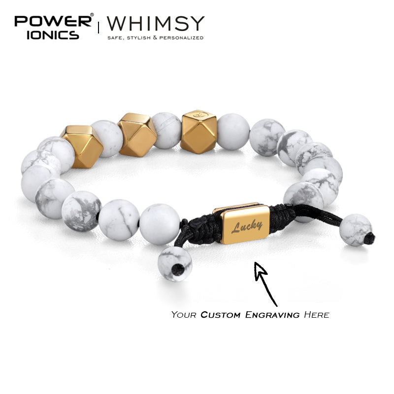 POWER IONICS 8mm Natural Turquoise Beads Adjustable Bracelet - 18K Gold Plated Unisex Jewelry Custom Engrave Gift