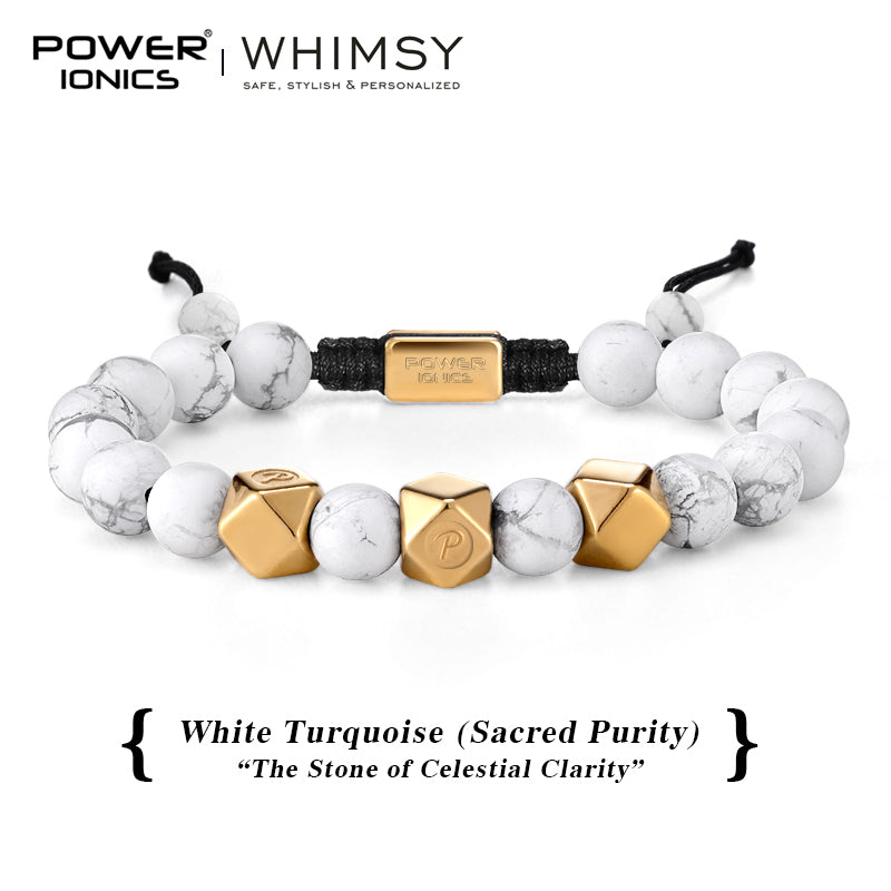 POWER IONICS 8mm Natural Turquoise Beads Adjustable Bracelet - 18K Gold Plated Unisex Jewelry Custom Engrave Gift