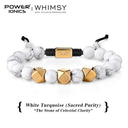 POWER IONICS 8mm Natural Turquoise Beads Adjustable Bracelet - 18K Gold Plated Unisex Jewelry Custom Engrave Gift