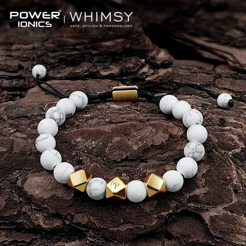 POWER IONICS 8mm Natural Turquoise Beads Adjustable Bracelet - 18K Gold Plated Unisex Jewelry Custom Engrave Gift