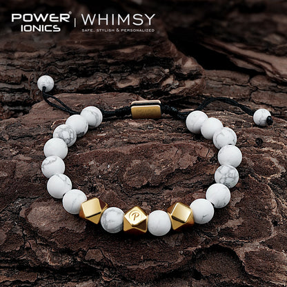 POWER IONICS 8mm Natural Turquoise Beads Adjustable Bracelet - 18K Gold Plated Unisex Jewelry Custom Engrave Gift