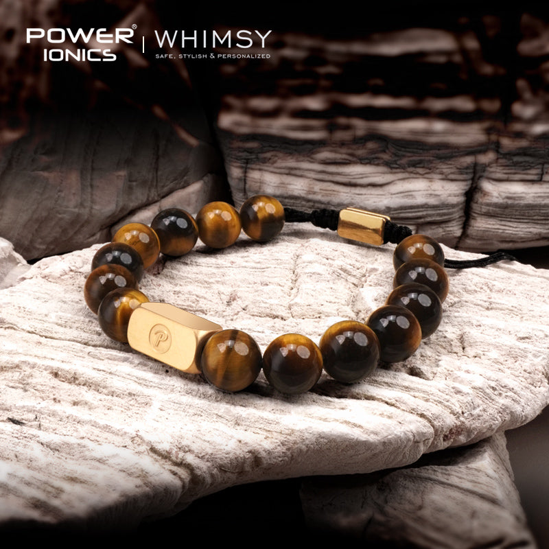 POWER IONICS 10mm Natural Tiger's Eye Beads Adjustable Bracelet - 18K Gold Plated Unisex Jewelry Custom Engrave Gift