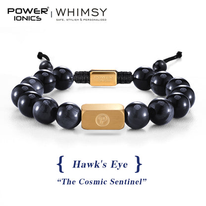POWER IONICS 10mm Natural Tiger's Eye Beads Adjustable Bracelet - 18K Gold Plated Unisex Jewelry Custom Engrave Gift