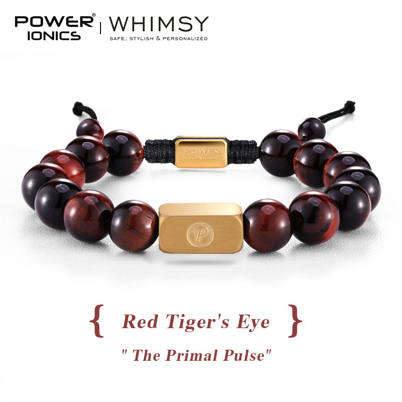 POWER IONICS 10mm Natural Tiger's Eye Beads Adjustable Bracelet - 18K Gold Plated Unisex Jewelry Custom Engrave Gift