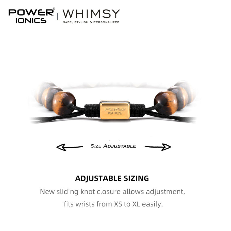 POWER IONICS 10mm Natural Tiger's Eye Beads Adjustable Bracelet - 18K Gold Plated Unisex Jewelry Custom Engrave Gift