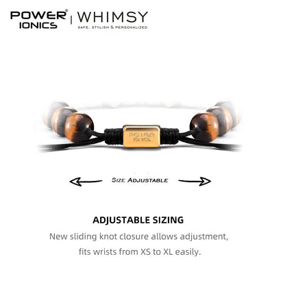 POWER IONICS 10mm Natural Tiger's Eye Beads Adjustable Bracelet - 18K Gold Plated Unisex Jewelry Custom Engrave Gift