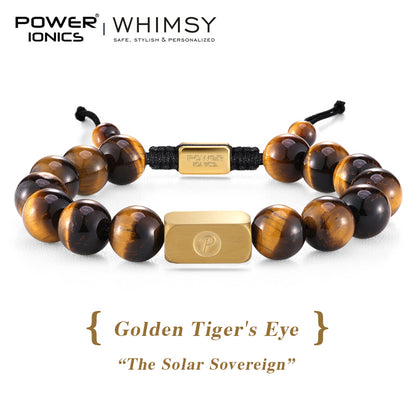 POWER IONICS 10mm Natural Tiger's Eye Beads Adjustable Bracelet - 18K Gold Plated Unisex Jewelry Custom Engrave Gift