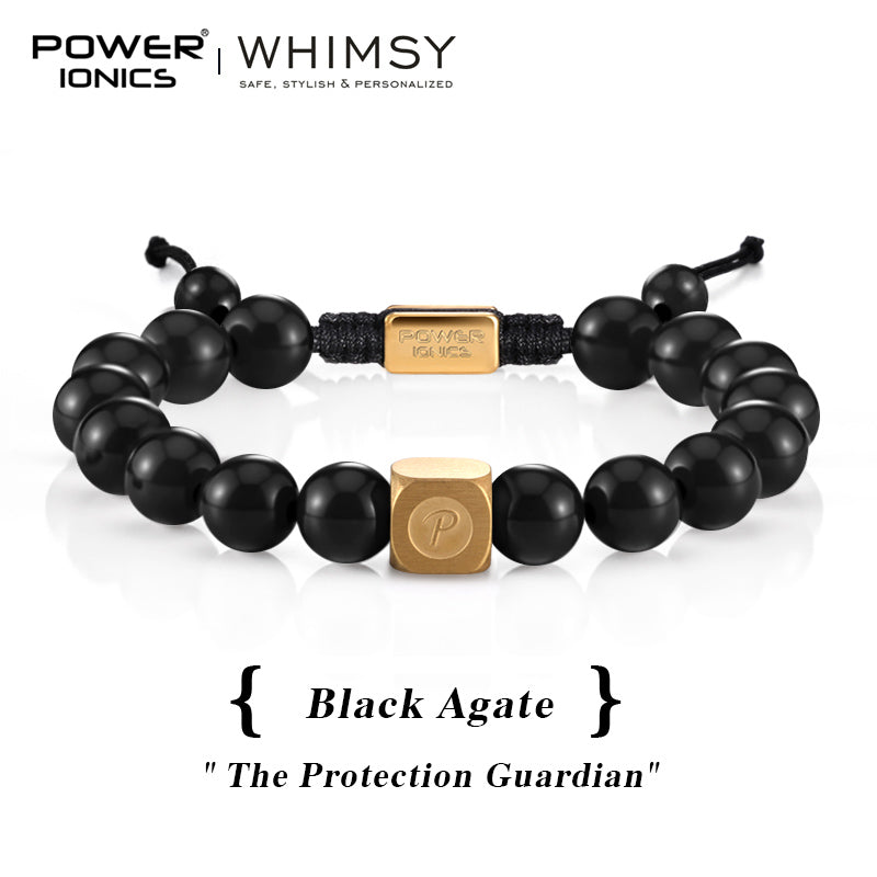 POWER IONICS 8mm Natural Agate Beads Adjustable Bracelet - 18K Gold Plated Unisex Jewelry Custom Engrave Gift