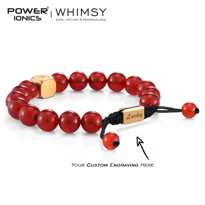 POWER IONICS 8mm Natural Agate Beads Adjustable Bracelet - 18K Gold Plated Unisex Jewelry Custom Engrave Gift